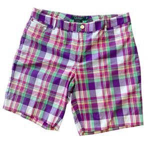 Ralph Lauren Active Women Golf Shorts Size 10 Purple Plaid Madras Stretch Preppy